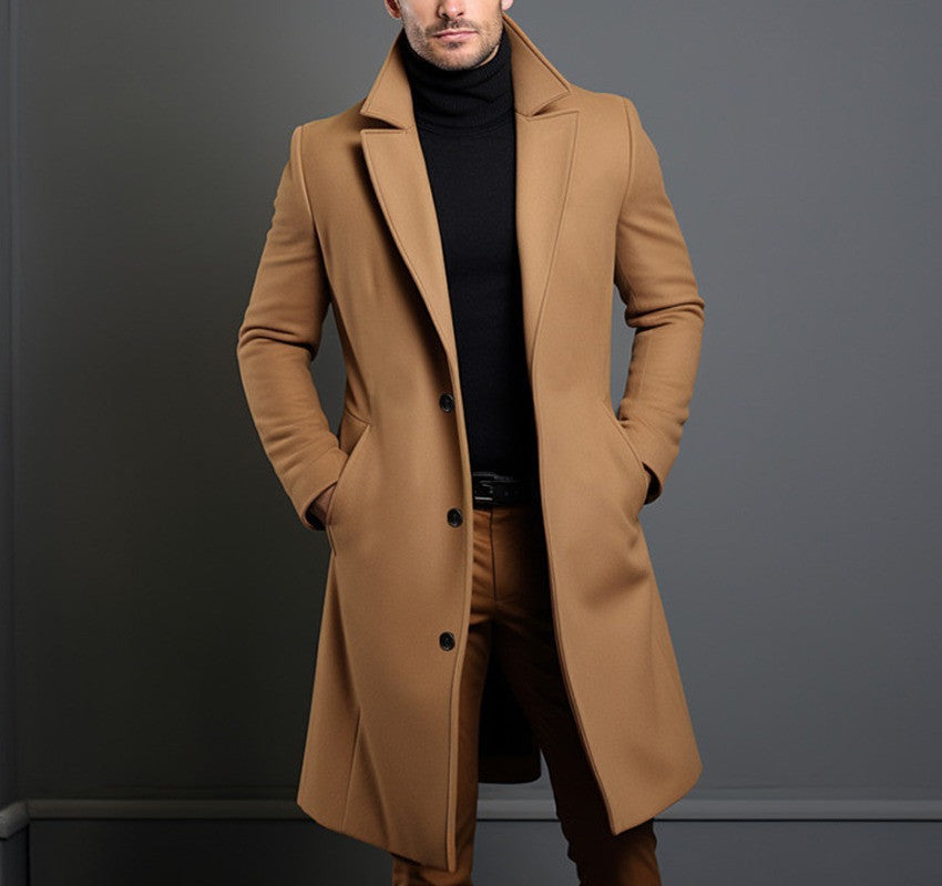 Men's Mid-aclength Trench Coat Fall Winter Slim Pockets Single-breasted Collar Jacket  Casual Business Comfortable Overcoat Clothing