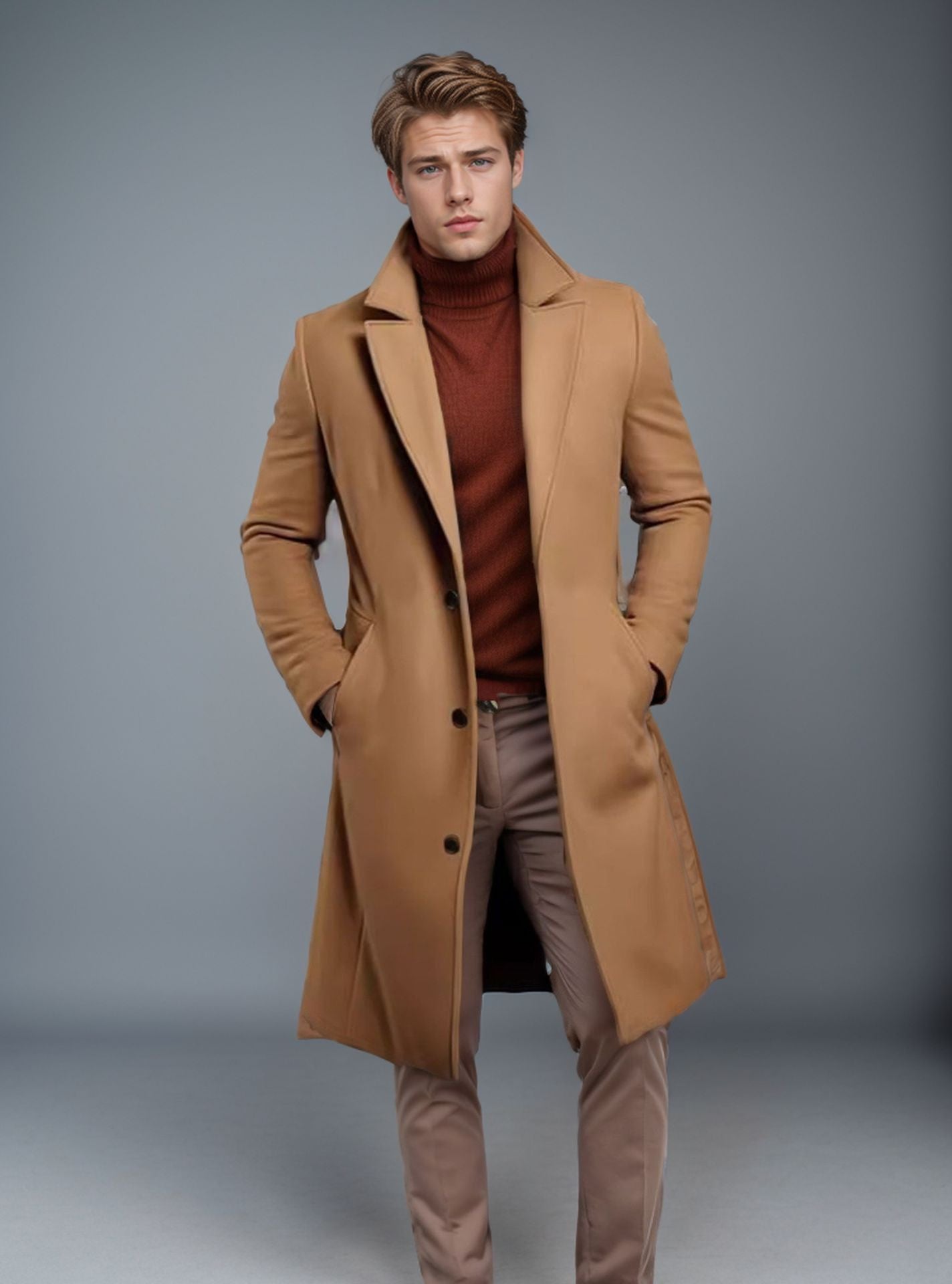 Men's Mid-aclength Trench Coat Fall Winter Slim Pockets Single-breasted Collar Jacket  Casual Business Comfortable Overcoat Clothing